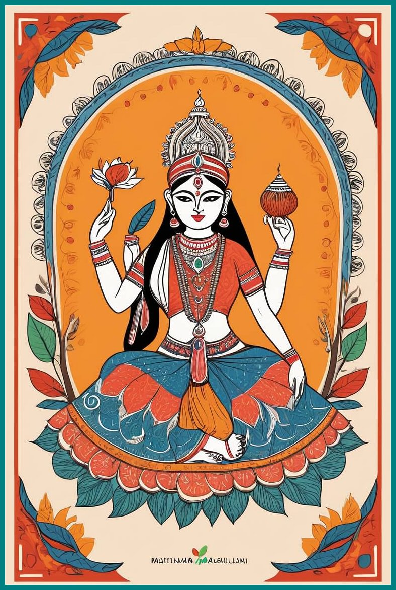 Image of a Hindu Goddess, Minimal design, Madhubani Style